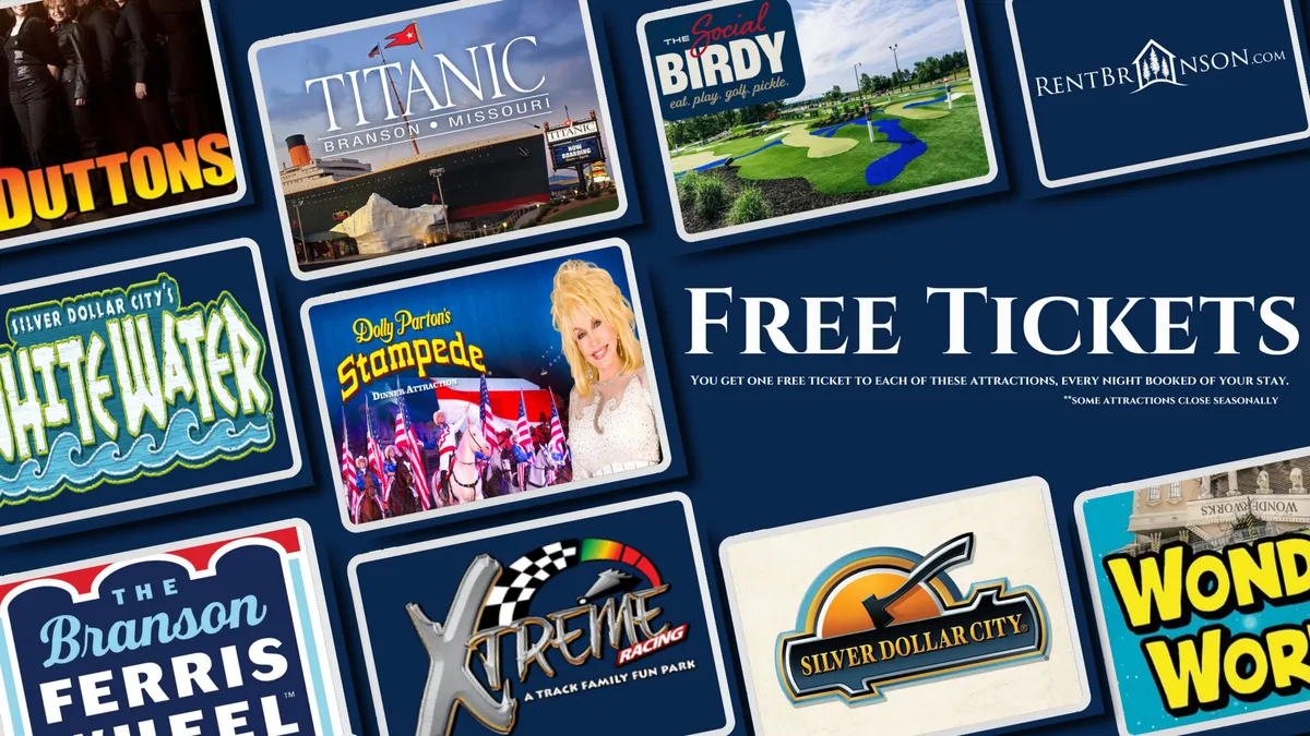 This interior image highlights a display with free ticket offers and logos of various local attractions, using vivid, colorful graphics to evoke excitement about nearby entertainment options like Silver Dollar City and The Branson Landing.